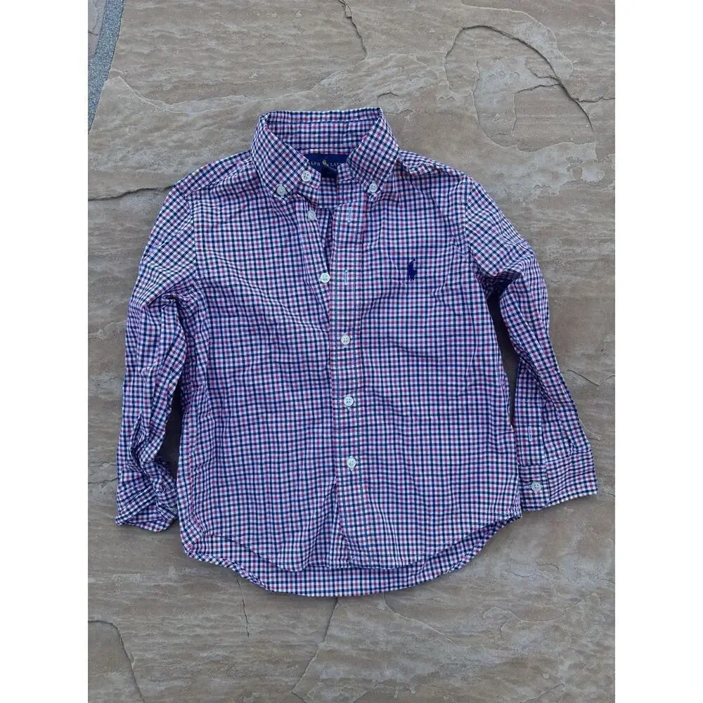 Ralph Lauren Long Sleeve Button Down Shirt Red White Blue Plaid Boys Sz 4 Cotton
